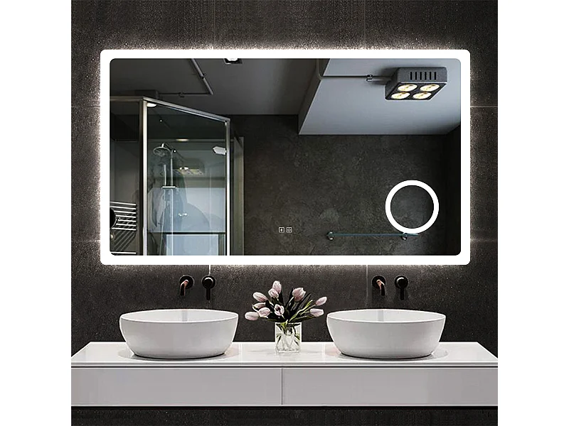 AICA Espejo 120 x 70 cm,rectangular,con función antivaho,Bluetooth，lupa 3x,con luz de 3 colores,brillo ajustable,función de memoria agapada