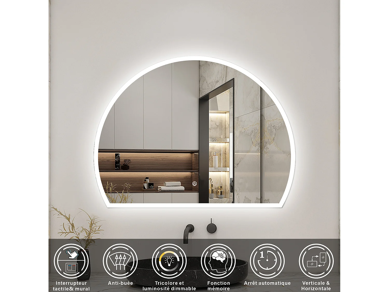 Miroir lumineux 3/4 de cercle 80x60cm avec Anti-Buée + 3 Couleurs + Dimmable + Mémoire
