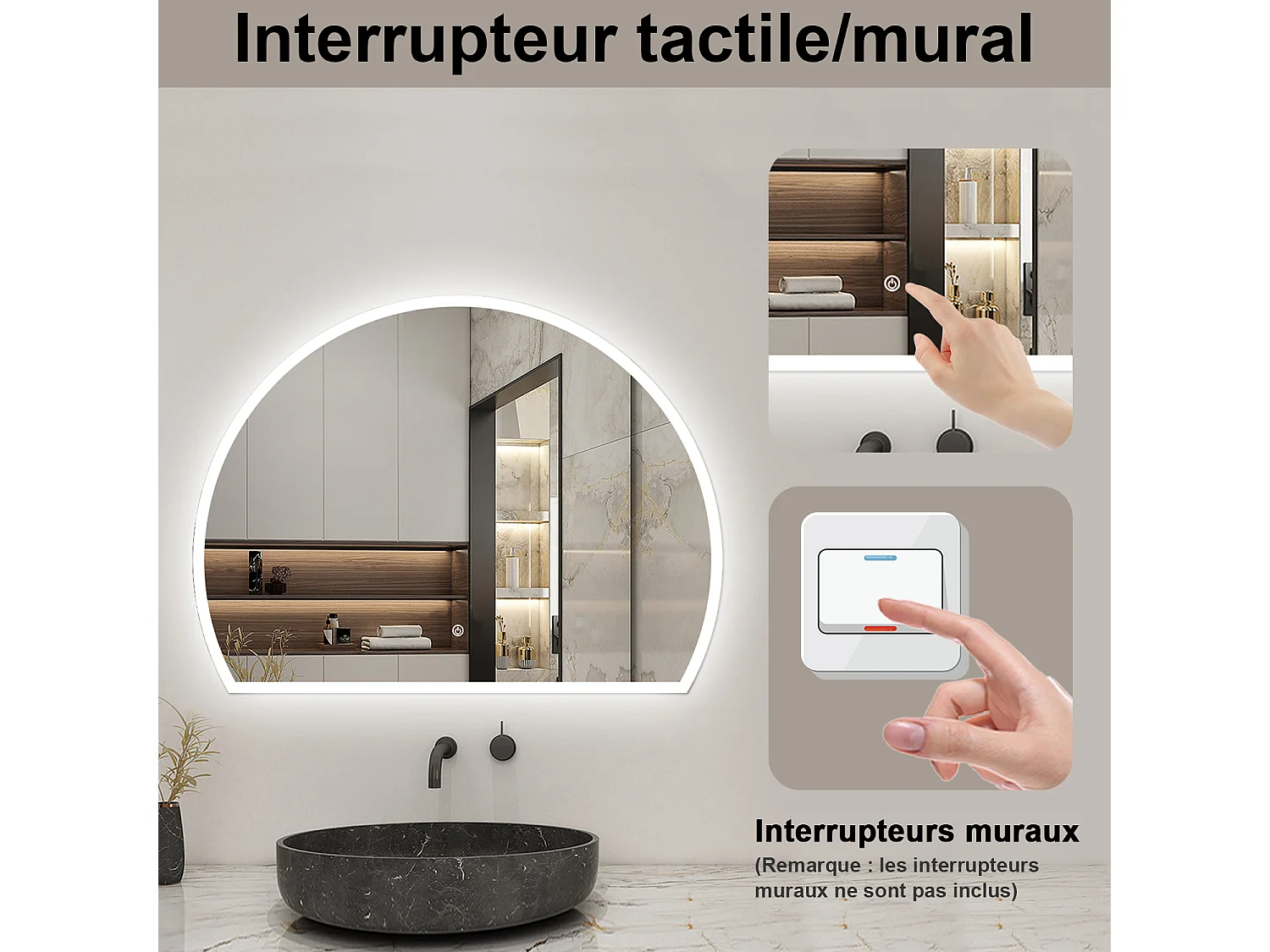 Miroir lumineux 3/4 de cercle 80x60cm avec Anti-Buée + 3 Couleurs + Dimmable + Mémoire