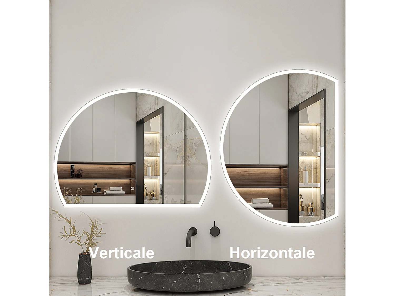 Miroir lumineux 3/4 de cercle 80x60cm avec Anti-Buée + 3 Couleurs + Dimmable + Mémoire