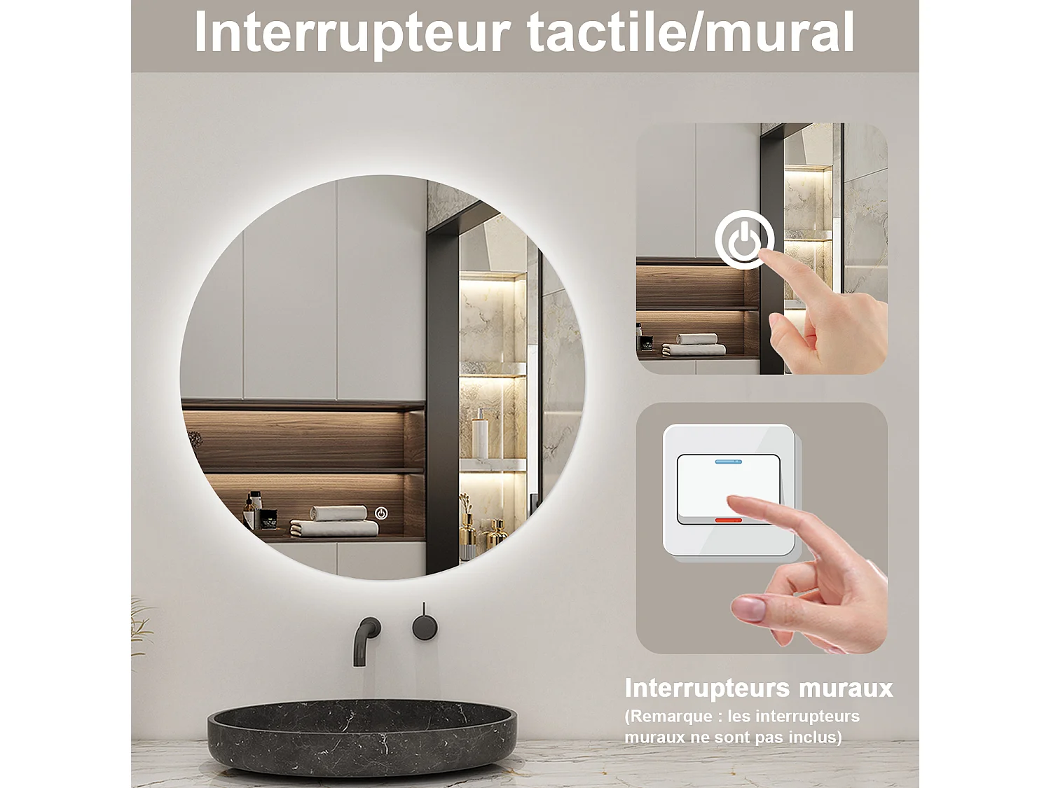 Miroir lumineux Rond 60cm avec Dimmable, Miroir salle de bain IP44 HD Verre
