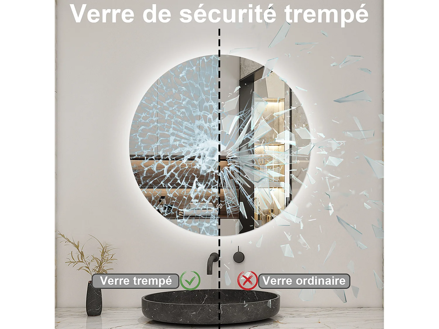 Miroir lumineux Rond 60cm avec Dimmable, Miroir salle de bain IP44 HD Verre