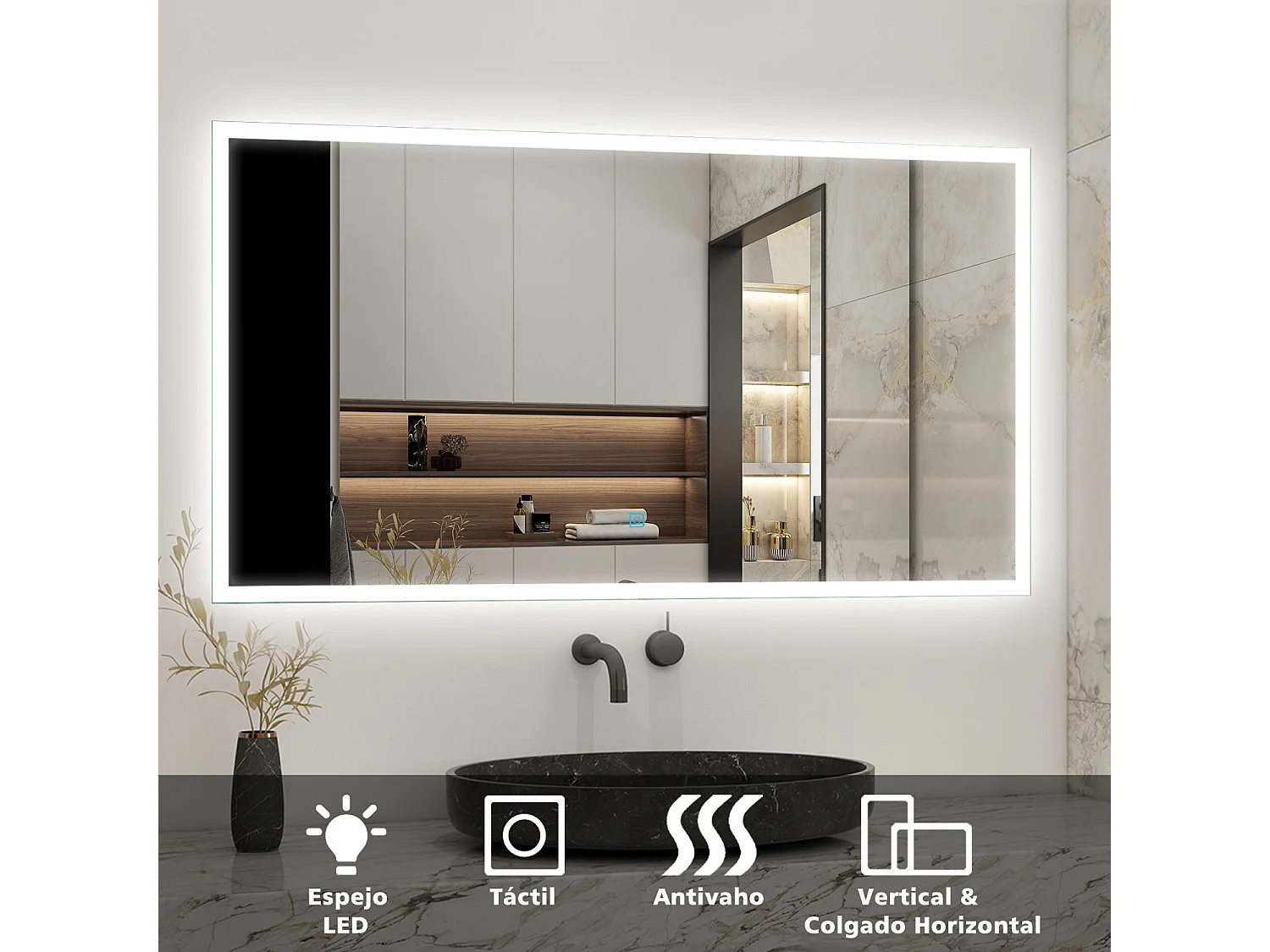 AICA espejo 1000 x 600 mm ,rectangular ,luz led,antivaho y brillo regulable,función de memoria agapada