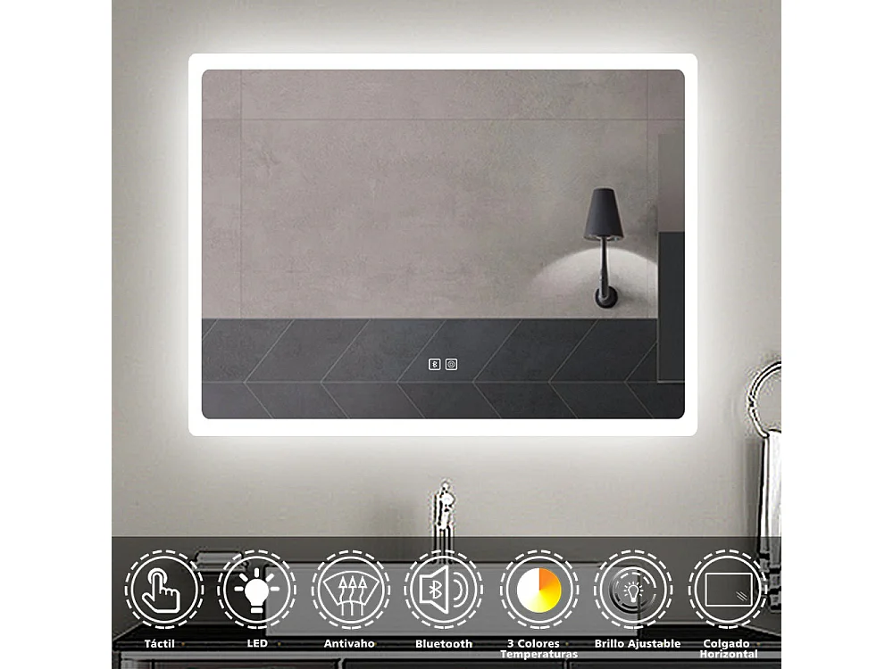AICA espejo 800 x 600 mm,con función antivaho,Bluetooth, espejo con luz de 3 colores,brillo ajustable,función de memoria agapada