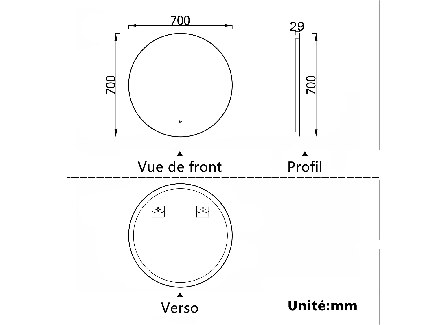Miroir lumineux Rond 70cm avec Dimmable, Miroir salle de bain IP44 HD Verre