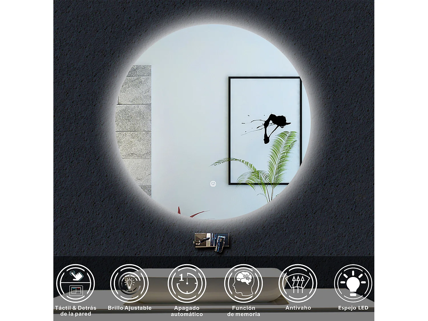 AICA Espejo 100 x 100 cm ,redondo,luz led,con función antivaho,brillo ajustable,función de memoria agapada