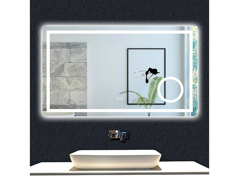 AICA Espejo 140 x 80 cm,rectangular,con función antivaho,Bluetooth，lupa 3x,con luz de 3 colores,brillo ajustable,función de memoria agapada