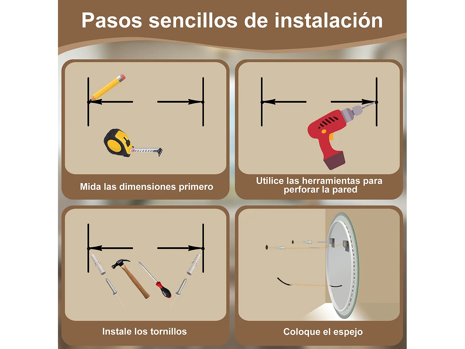 AICA espejo 90 x 90 cm,rectangular,con función antivaho,con luz de 3 colores,brillo ajustable,función de memoria agapada