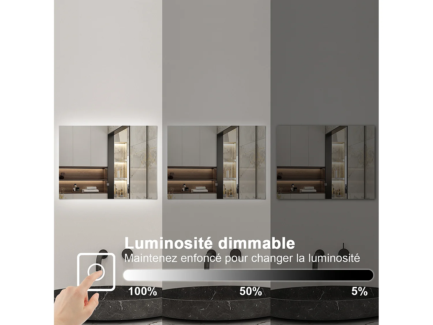 Miroir lumineux Rectangle 100x60cm avec Dimmable, Miroir salle de bain IP44 HD Verre