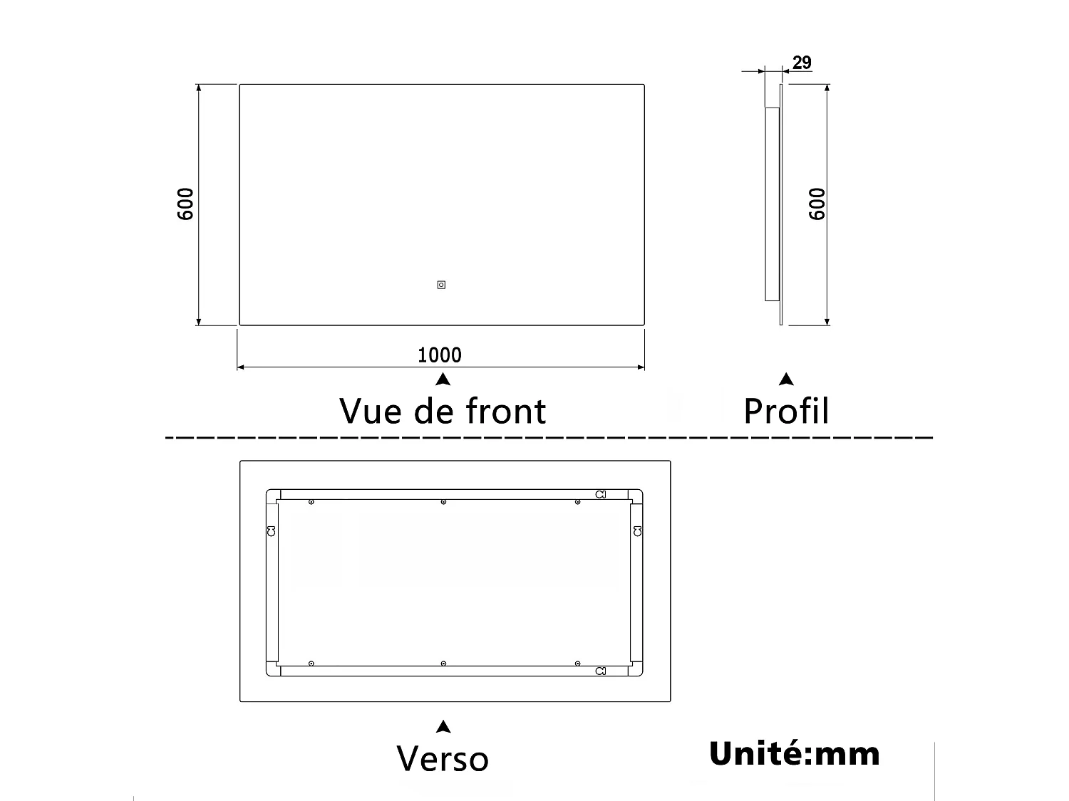 Miroir lumineux Rectangle 100x60cm avec Dimmable, Miroir salle de bain IP44 HD Verre