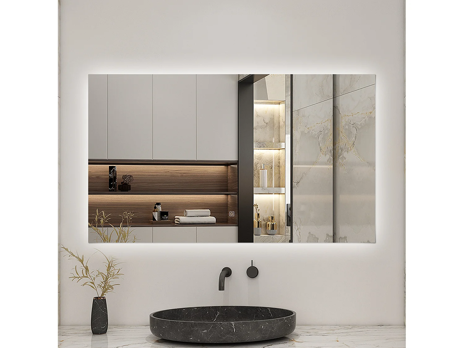 Miroir lumineux Rectangle 80x60cm avec Dimmable, Miroir salle de bain IP44 HD Verre