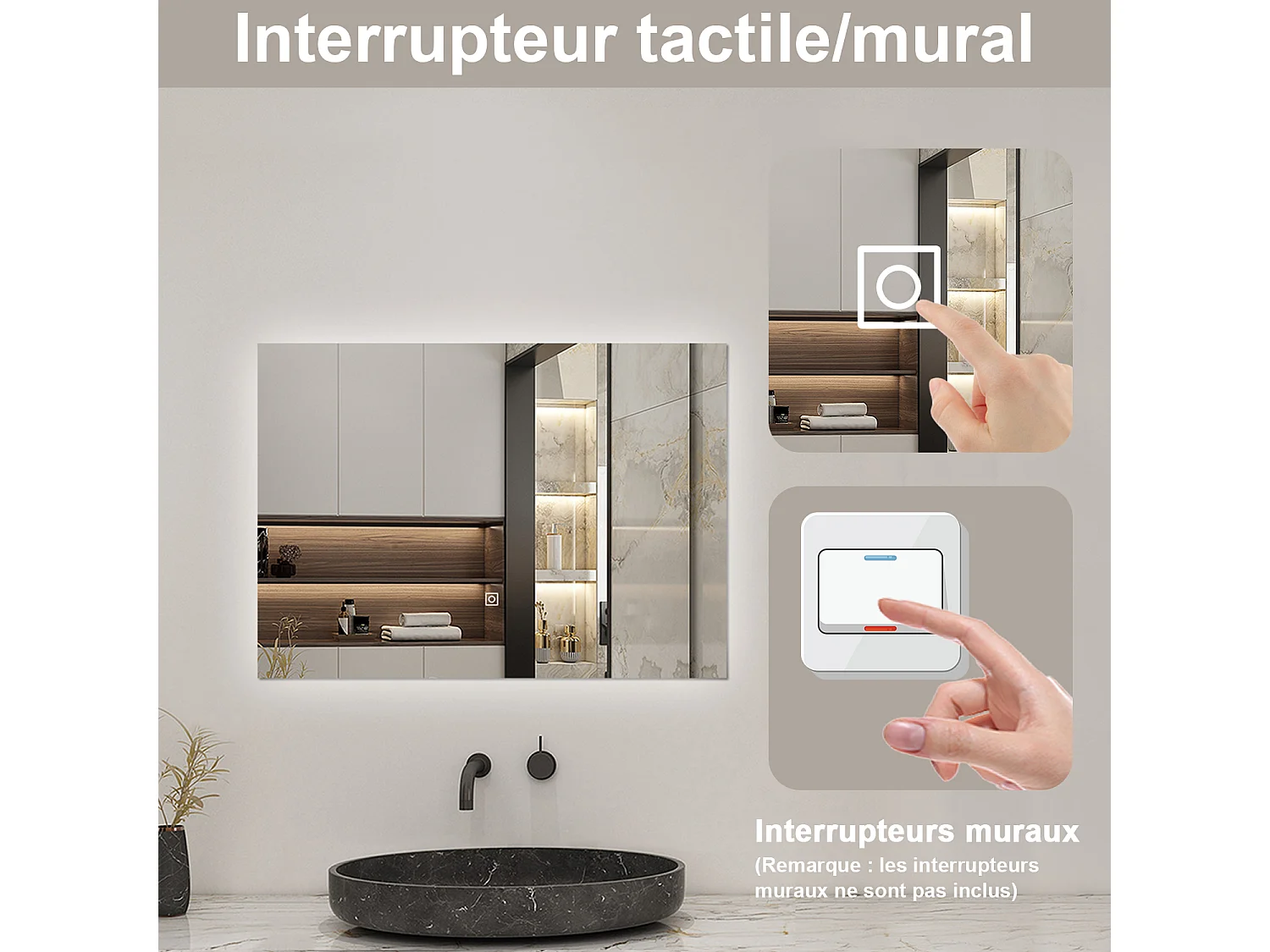 Miroir lumineux Rectangle 80x60cm avec Dimmable, Miroir salle de bain IP44 HD Verre