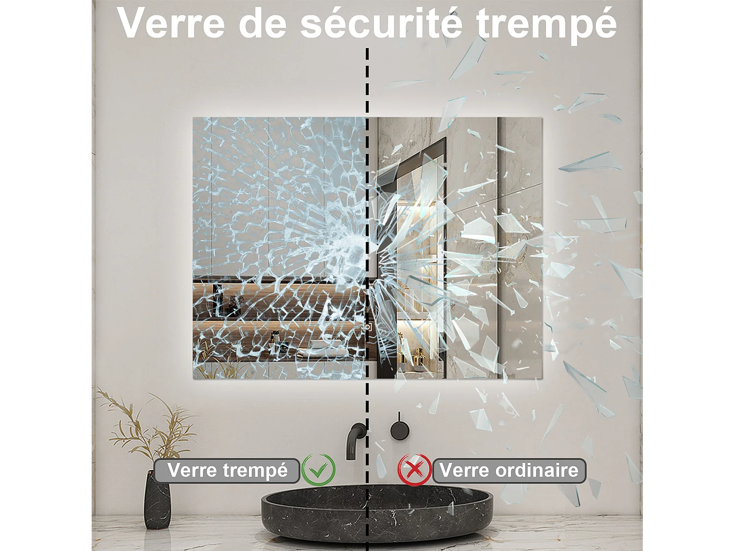 Miroir lumineux Rectangle 80x60cm avec Dimmable, Miroir salle de bain IP44 HD Verre