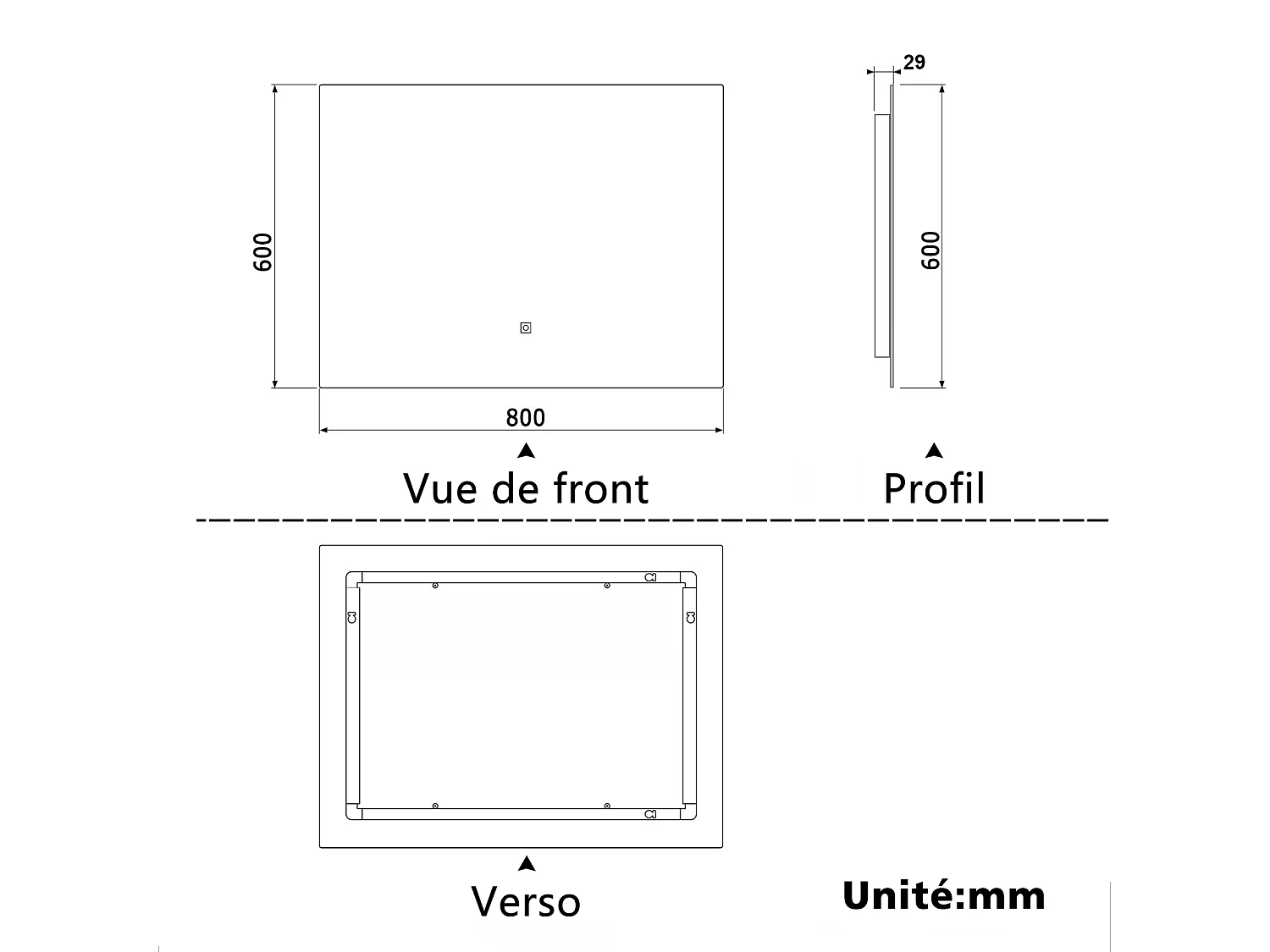 Miroir lumineux Rectangle 80x60cm avec Dimmable, Miroir salle de bain IP44 HD Verre