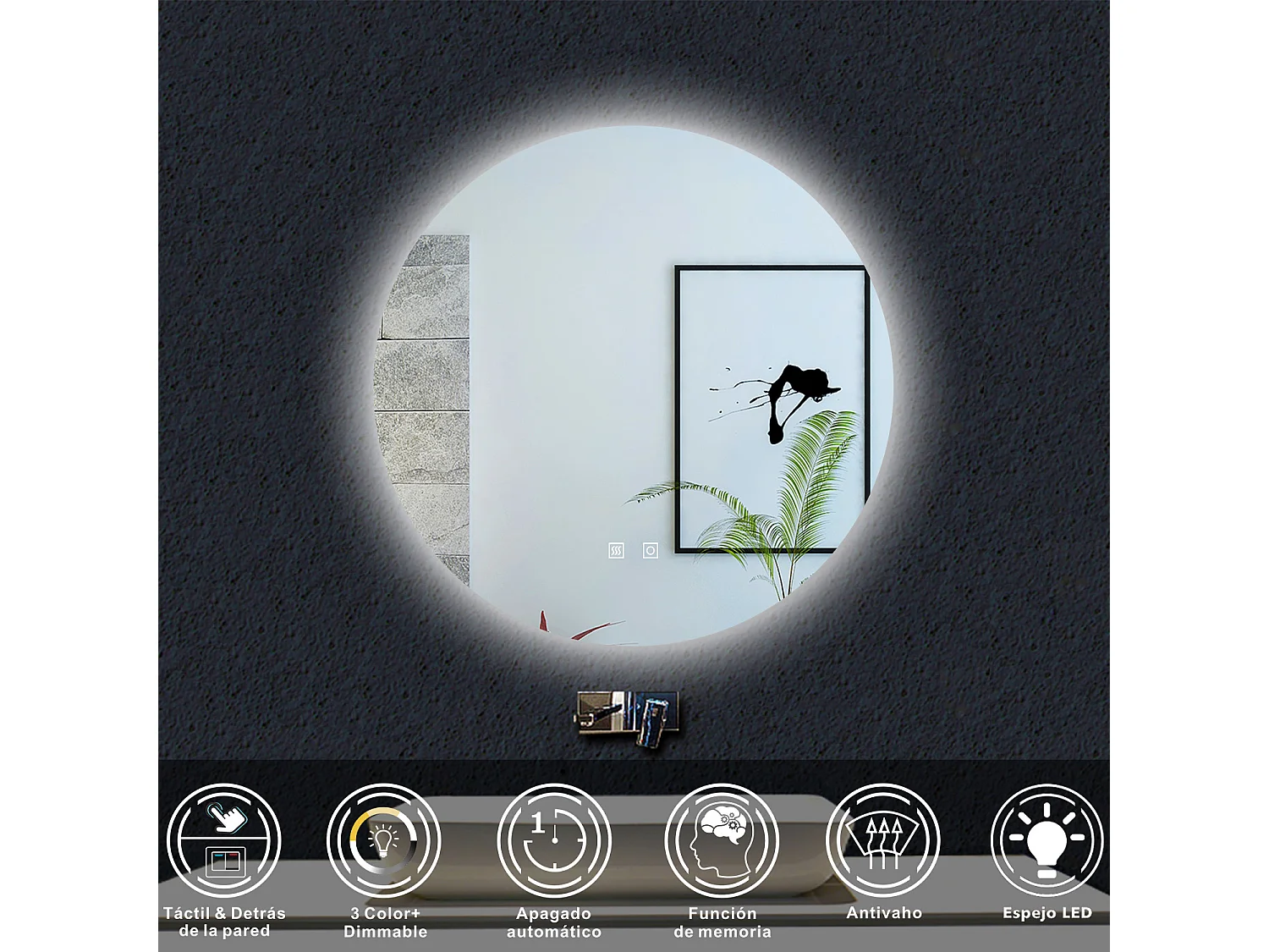 AICA espejo 70 x 70 cm,rectangular,con función antivaho,con luz de 3 colores,brillo ajustable,función de memoria agapada