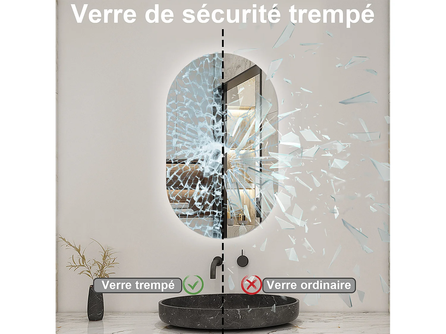 Miroir lumineux Ovale 50x90cm avec Dimmable, Miroir salle de bain IP44 HD Verre