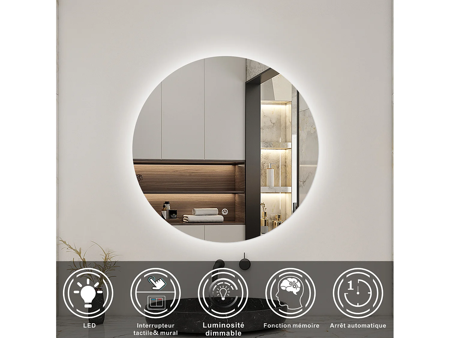 Miroir lumineux Rond 80cm avec Dimmable, Miroir salle de bain IP44 HD Verre