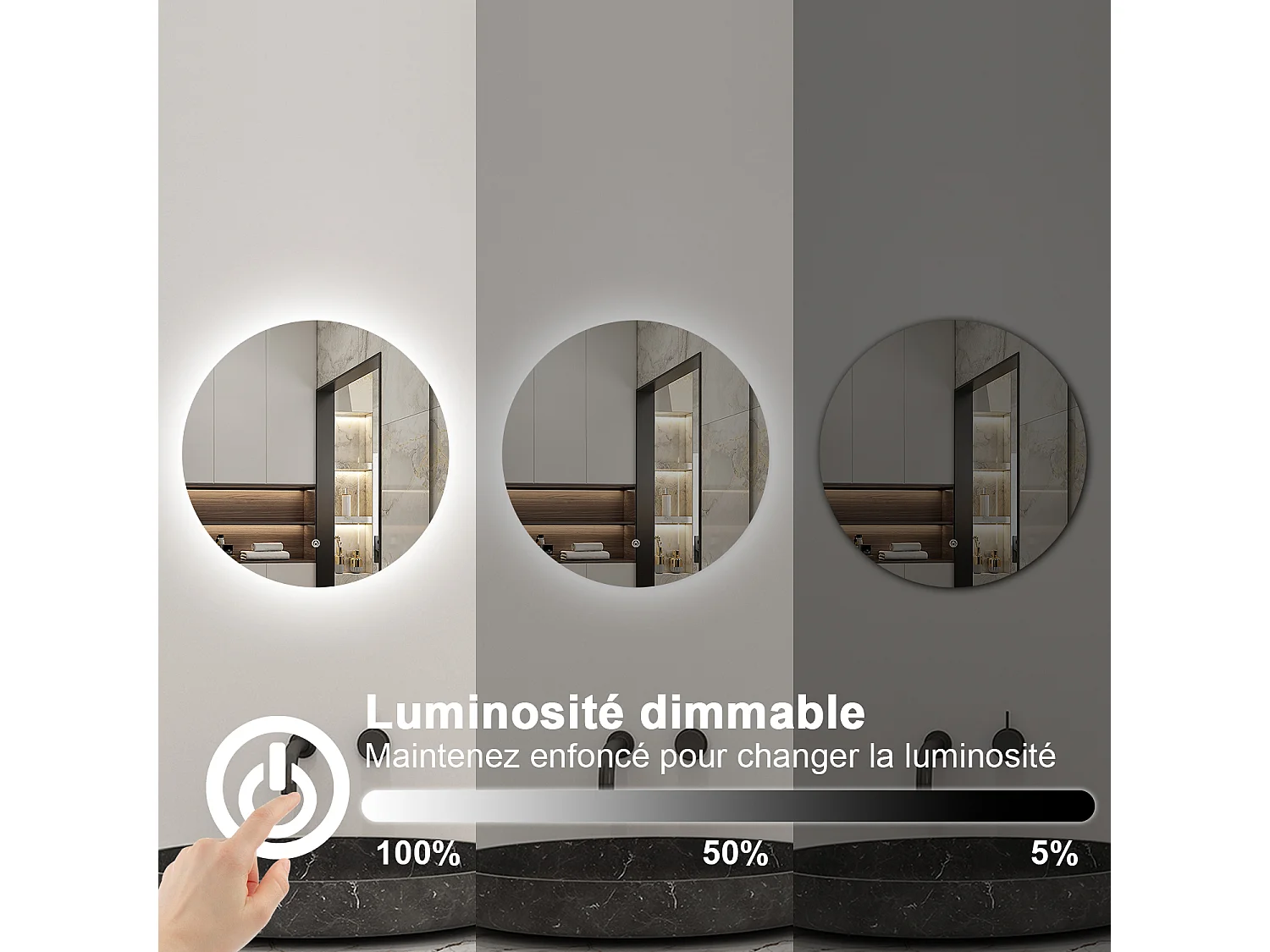 Miroir lumineux Rond 80cm avec Dimmable, Miroir salle de bain IP44 HD Verre