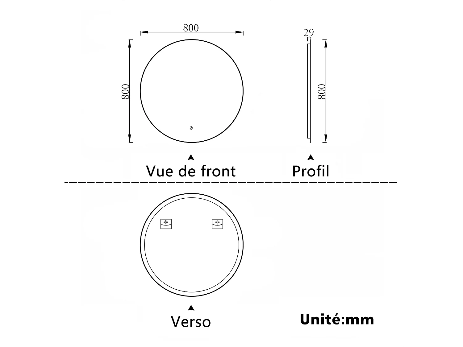 Miroir lumineux Rond 80cm avec Dimmable, Miroir salle de bain IP44 HD Verre