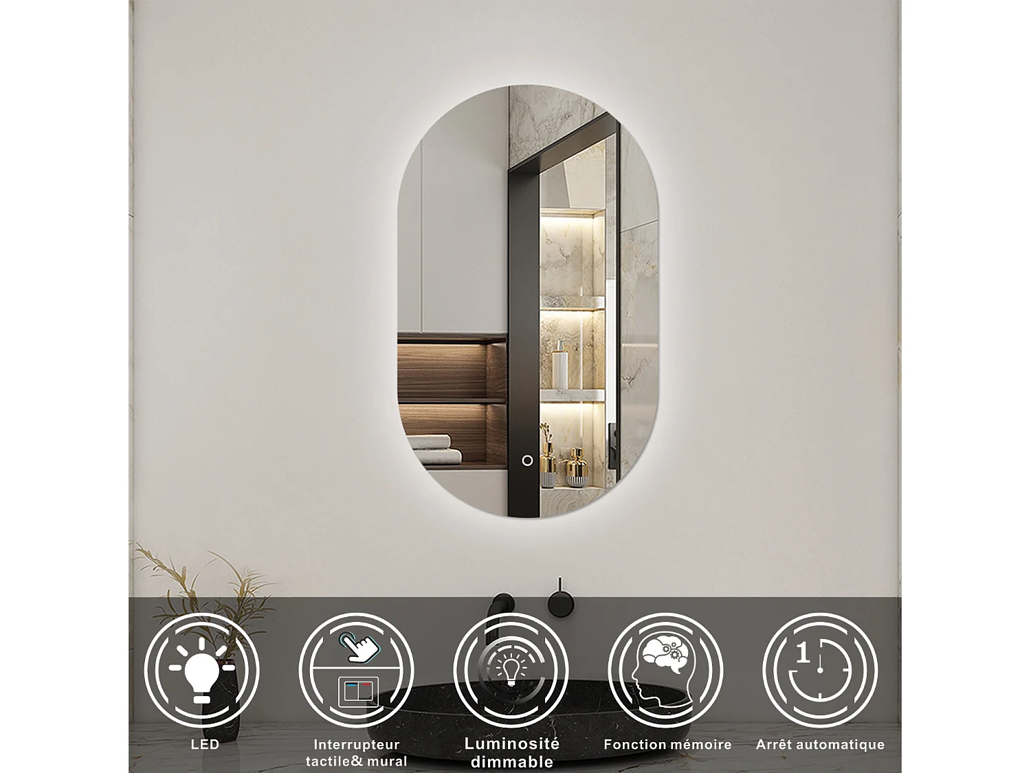 Miroir lumineux Ovale 60x100cm avec Dimmable, Miroir salle de bain IP44 HD Verre