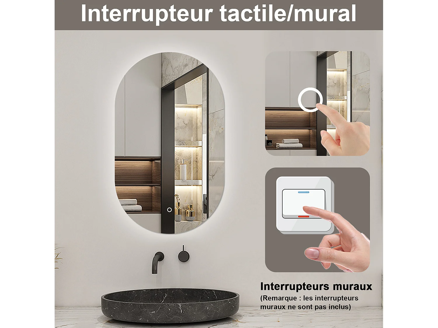 Miroir lumineux Ovale 60x100cm avec Dimmable, Miroir salle de bain IP44 HD Verre