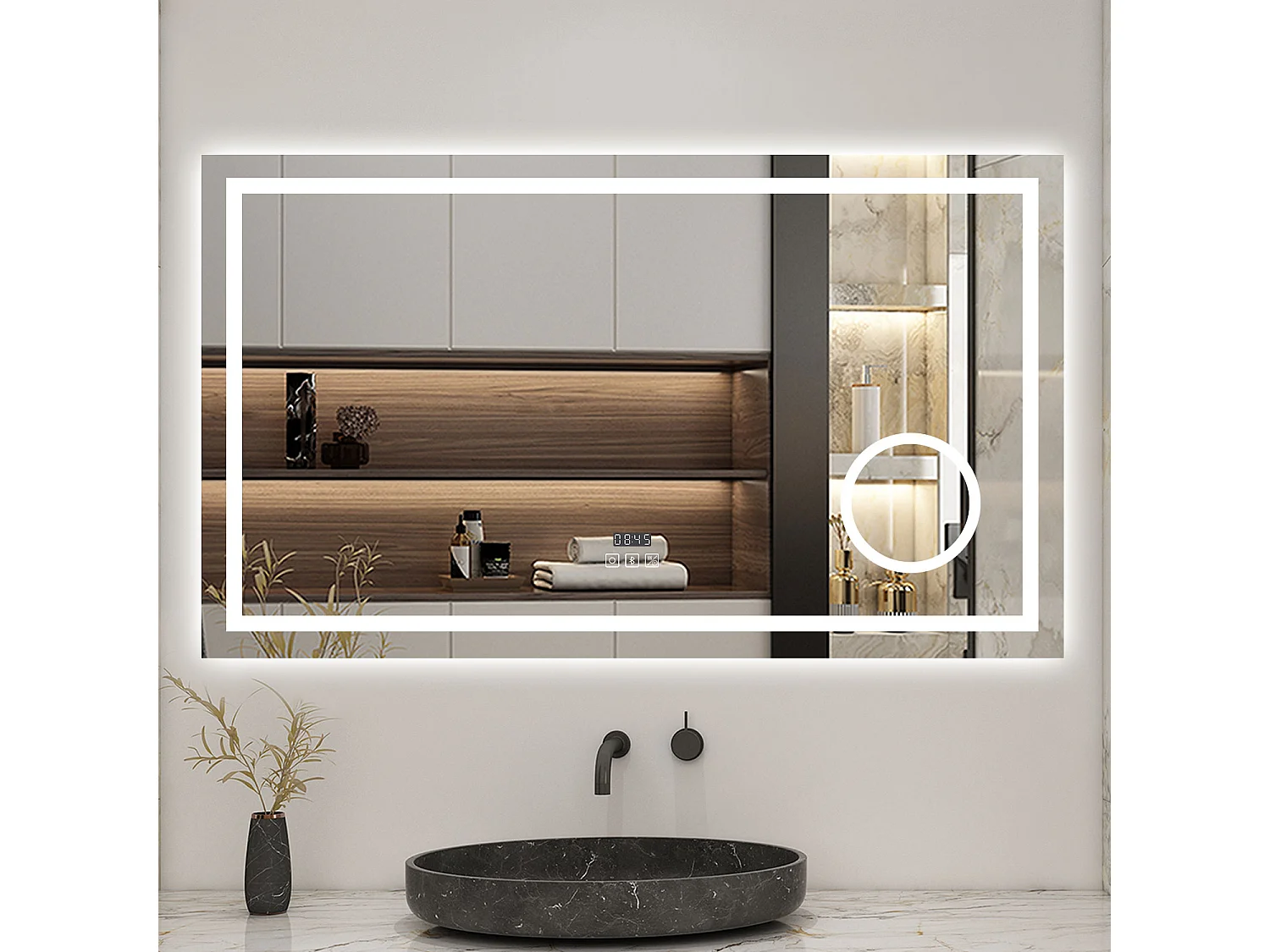AICA espejo 100 x 60 cm,rectangular,con función antivaho,Bluetooth，lupa 3x,reloj led, espejo con luz de 3 colores,brillo ajustable,función de memoria agapada
