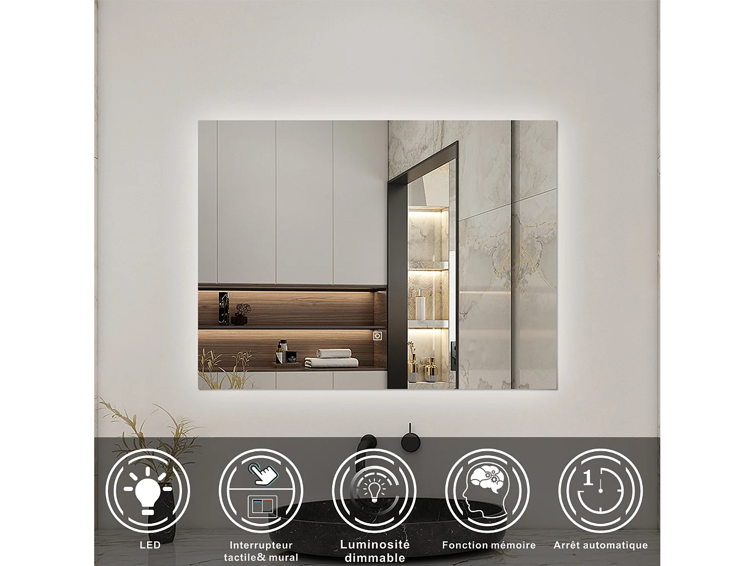 Miroir lumineux Rectangle 70x50cm avec Dimmable, Miroir salle de bain IP44 HD Verre