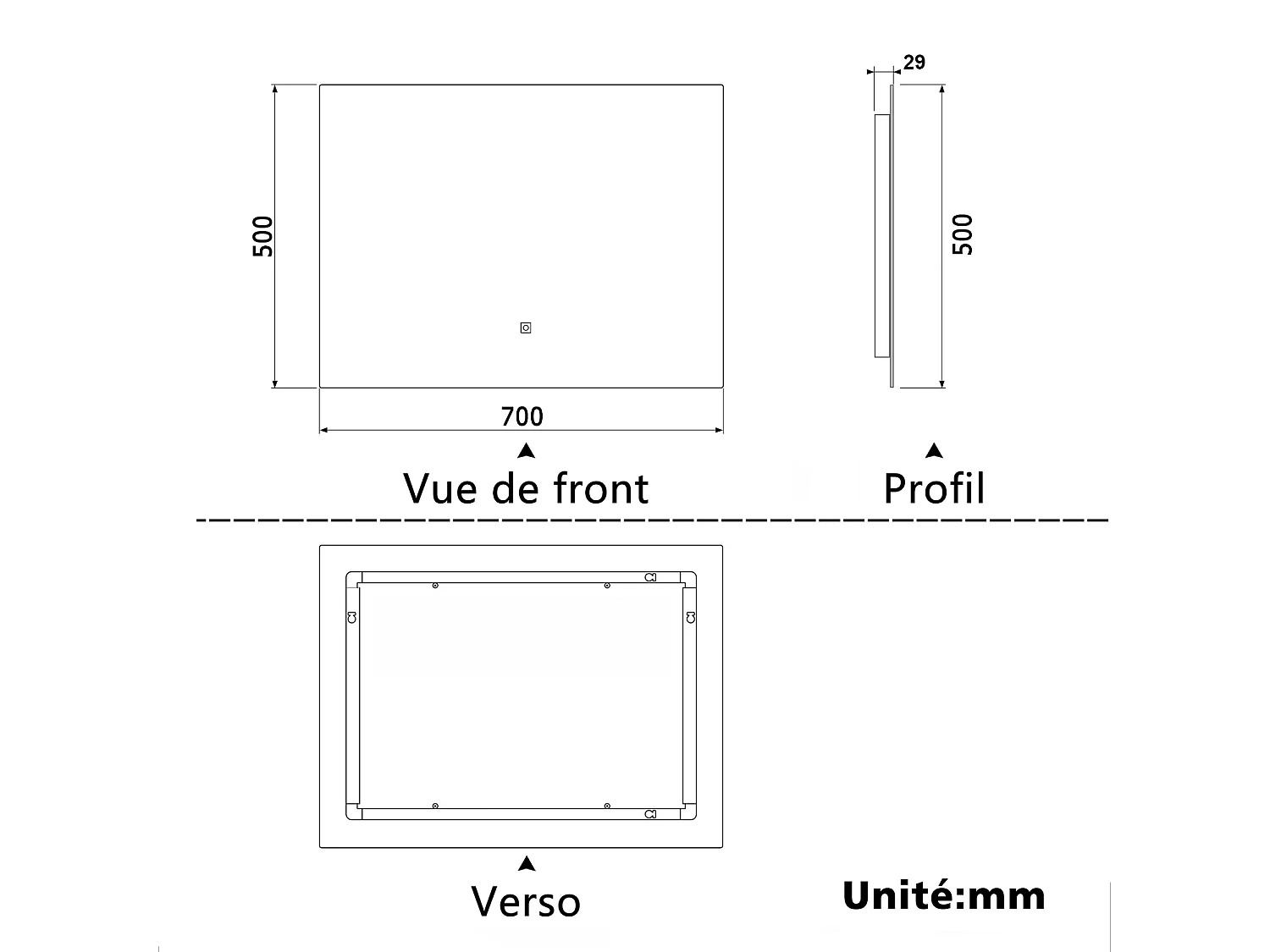 Miroir lumineux Rectangle 70x50cm avec Dimmable, Miroir salle de bain IP44 HD Verre