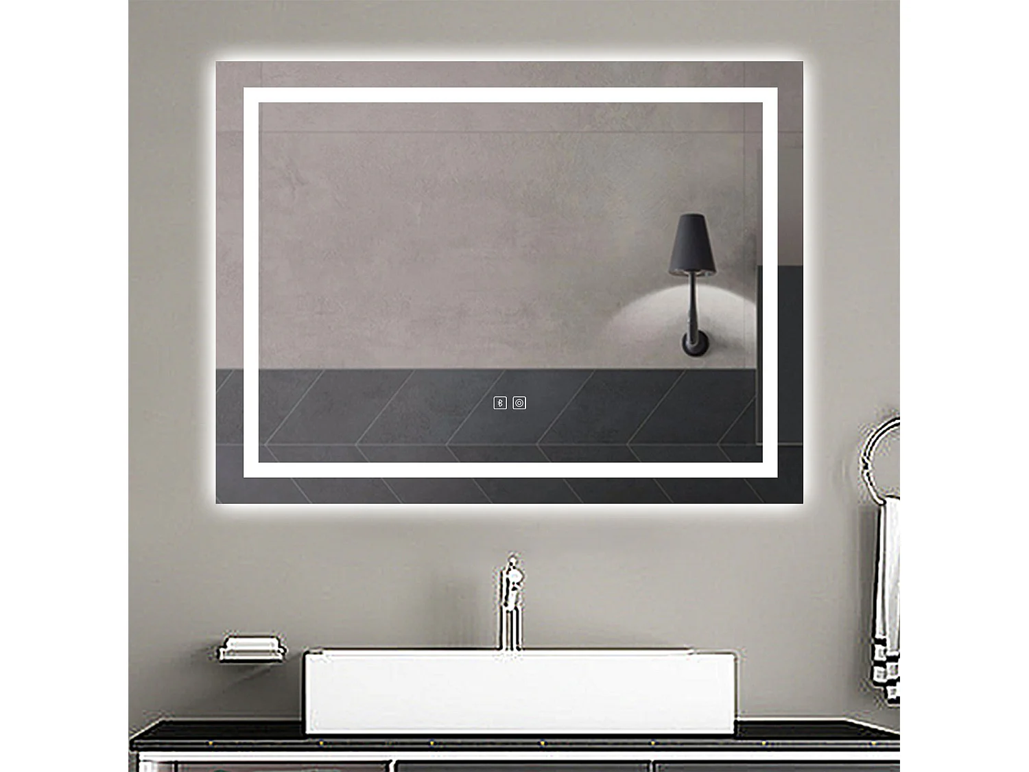 AICA espejo 80 x 60 cm,rectangular,con función antivaho,Bluetooth, espejo con luz de 3 colores,brillo ajustable,función de memoria agapada