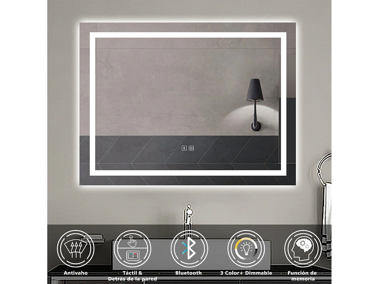 AICA espejo 80 x 60 cm,rectangular,con función antivaho,Bluetooth, espejo con luz de 3 colores,brillo ajustable,función de memoria agapada