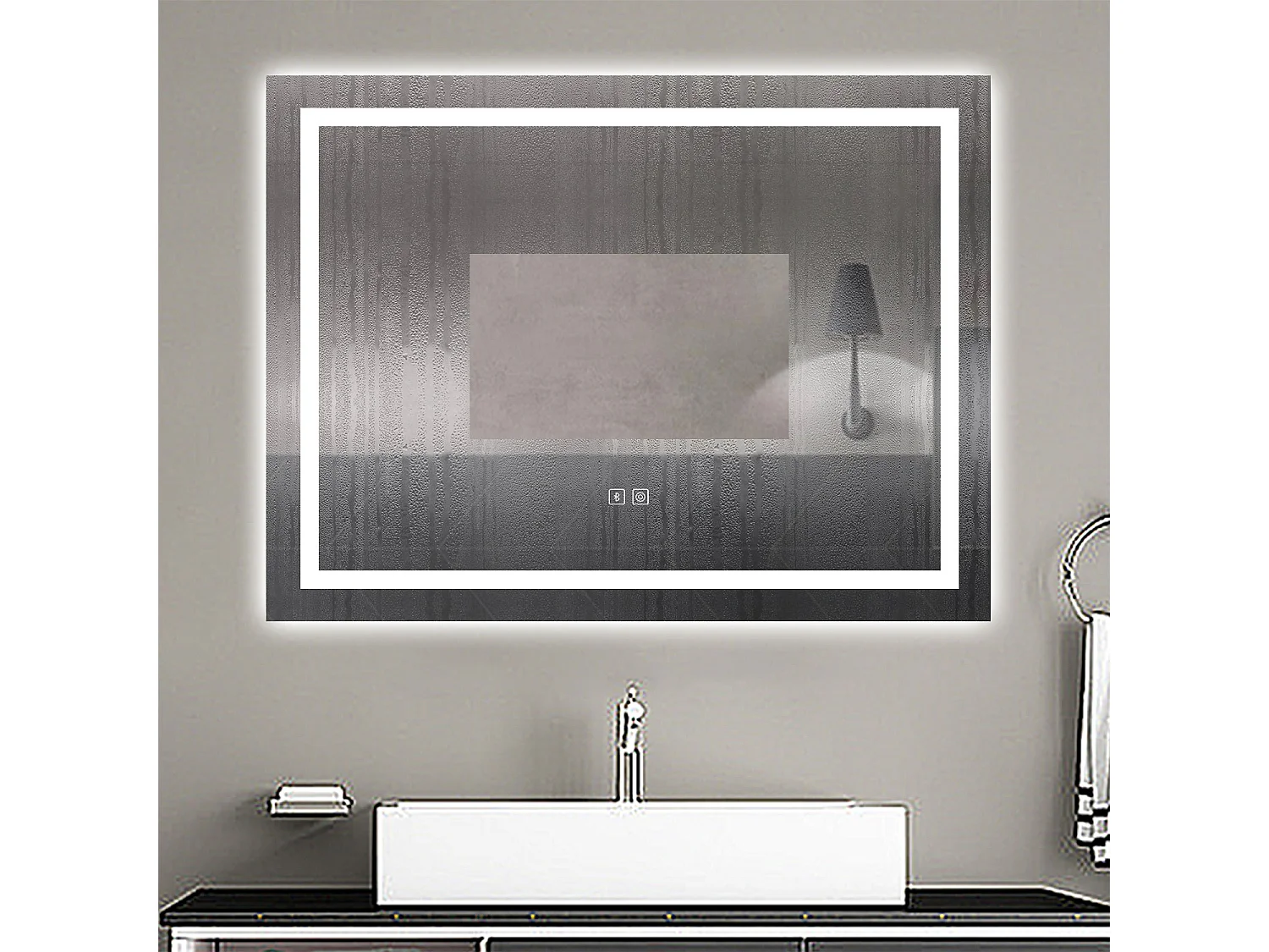 AICA espejo 80 x 60 cm,rectangular,con función antivaho,Bluetooth, espejo con luz de 3 colores,brillo ajustable,función de memoria agapada