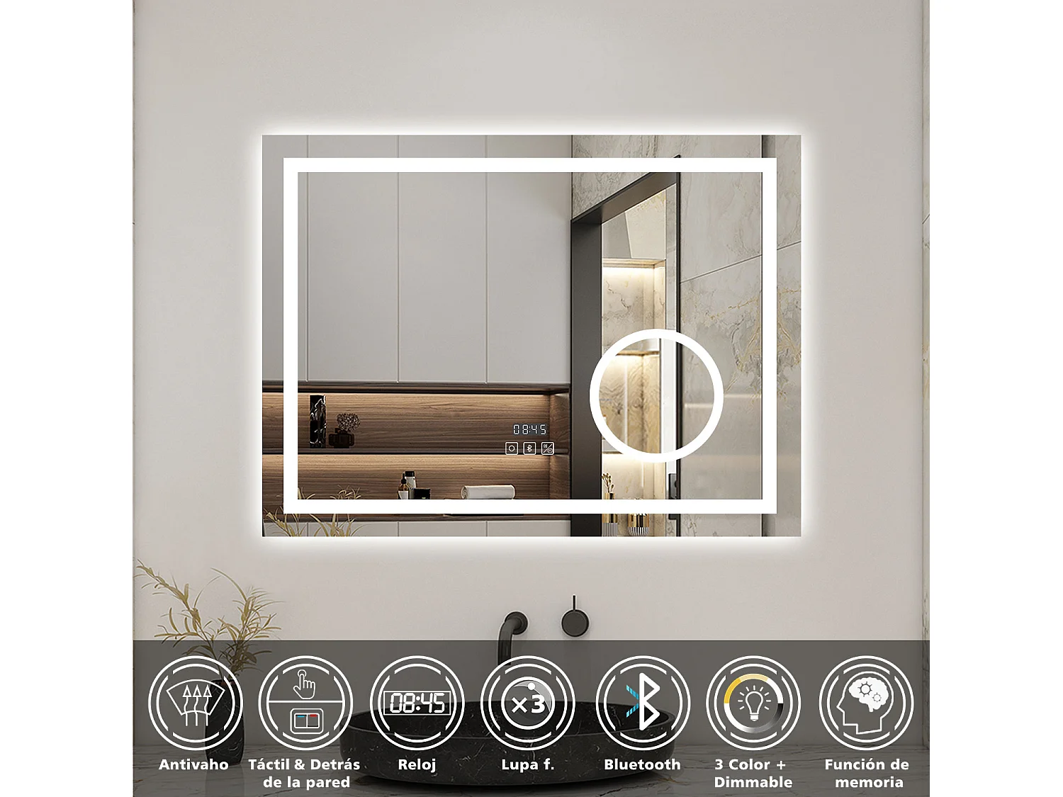 AICA espejo 80 x 60 cm,rectangular,con función antivaho,Bluetooth，lupa 3x,reloj led, espejo con luz de 3 colores,brillo ajustable,función de memoria agapada