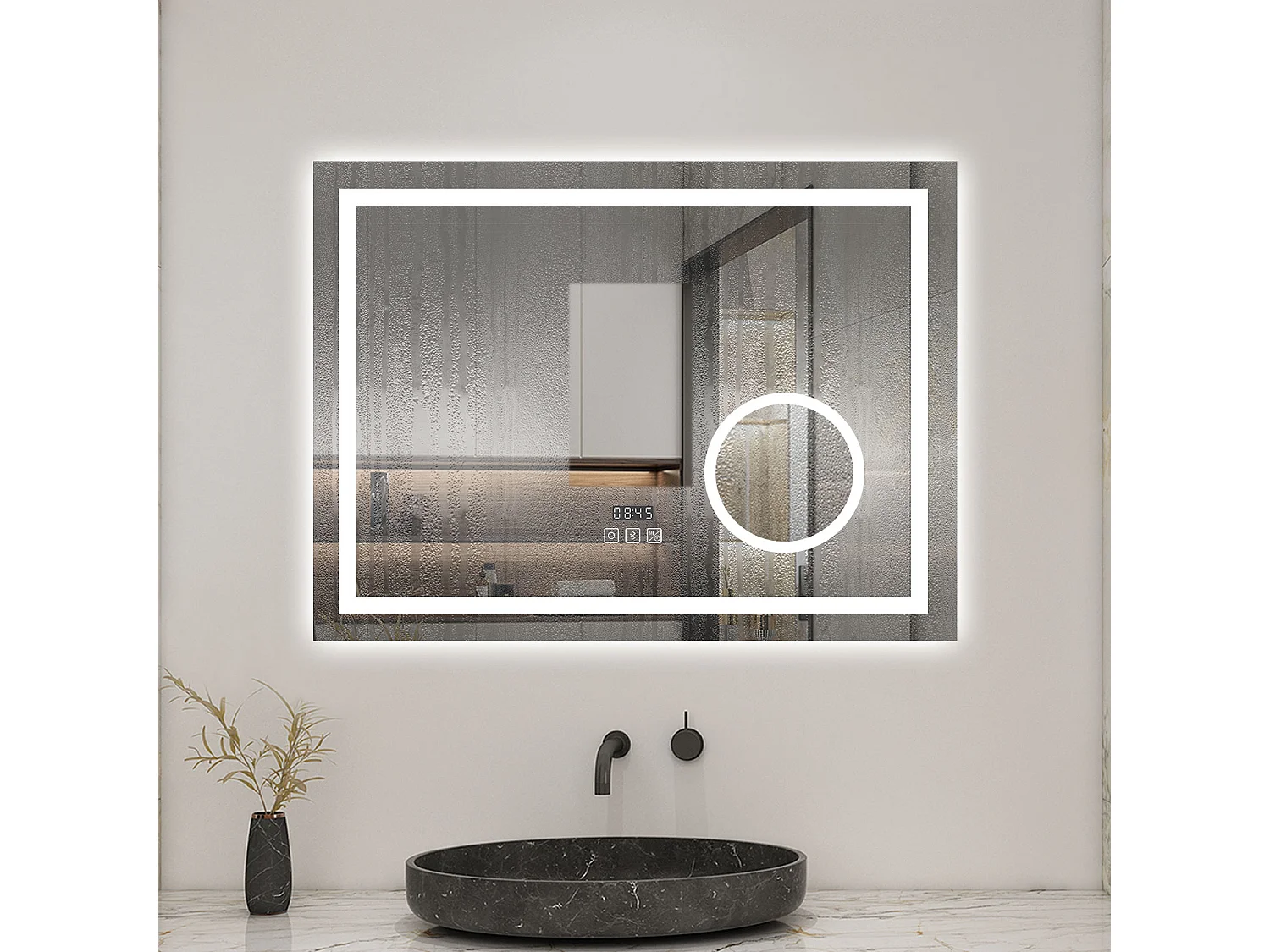 AICA espejo 80 x 60 cm,rectangular,con función antivaho,Bluetooth，lupa 3x,reloj led, espejo con luz de 3 colores,brillo ajustable,función de memoria agapada