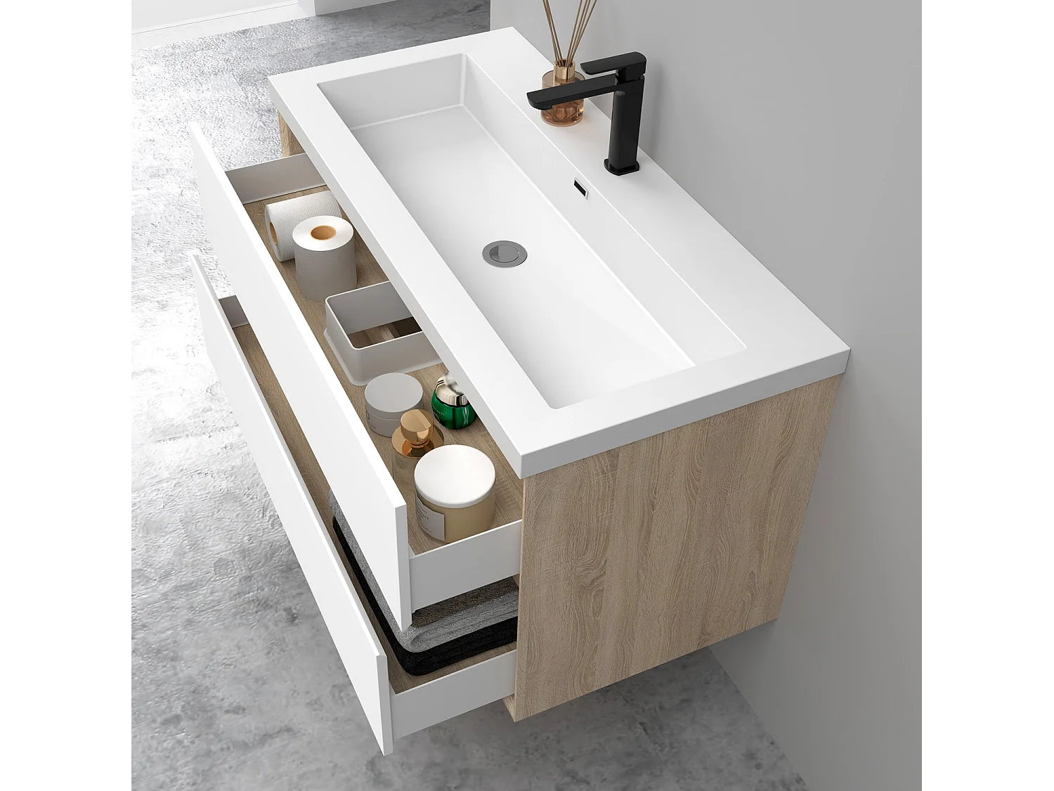 Meuble salle de bain suspendu 100 cm Blanc et Chêne, 2 tiroirs + vasque inclus