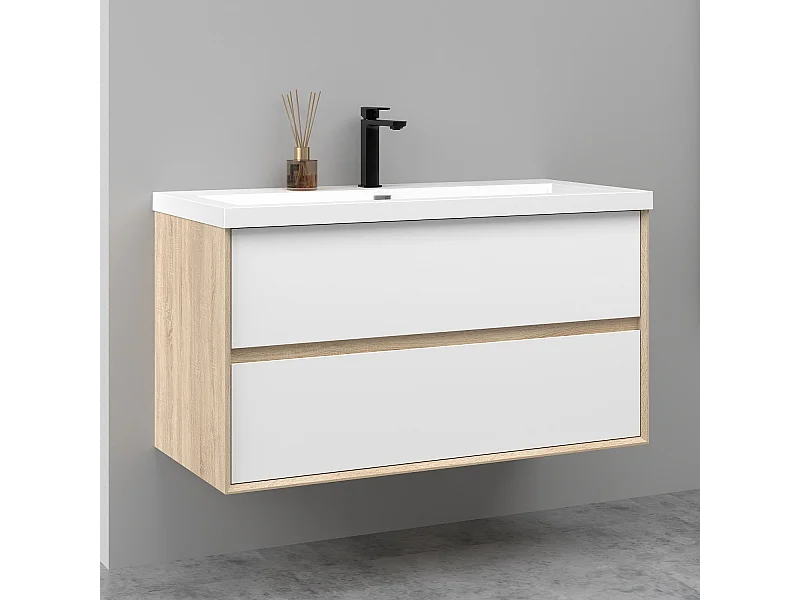 Meuble salle de bain suspendu 100 cm Blanc et Chêne, 2 tiroirs + vasque inclus