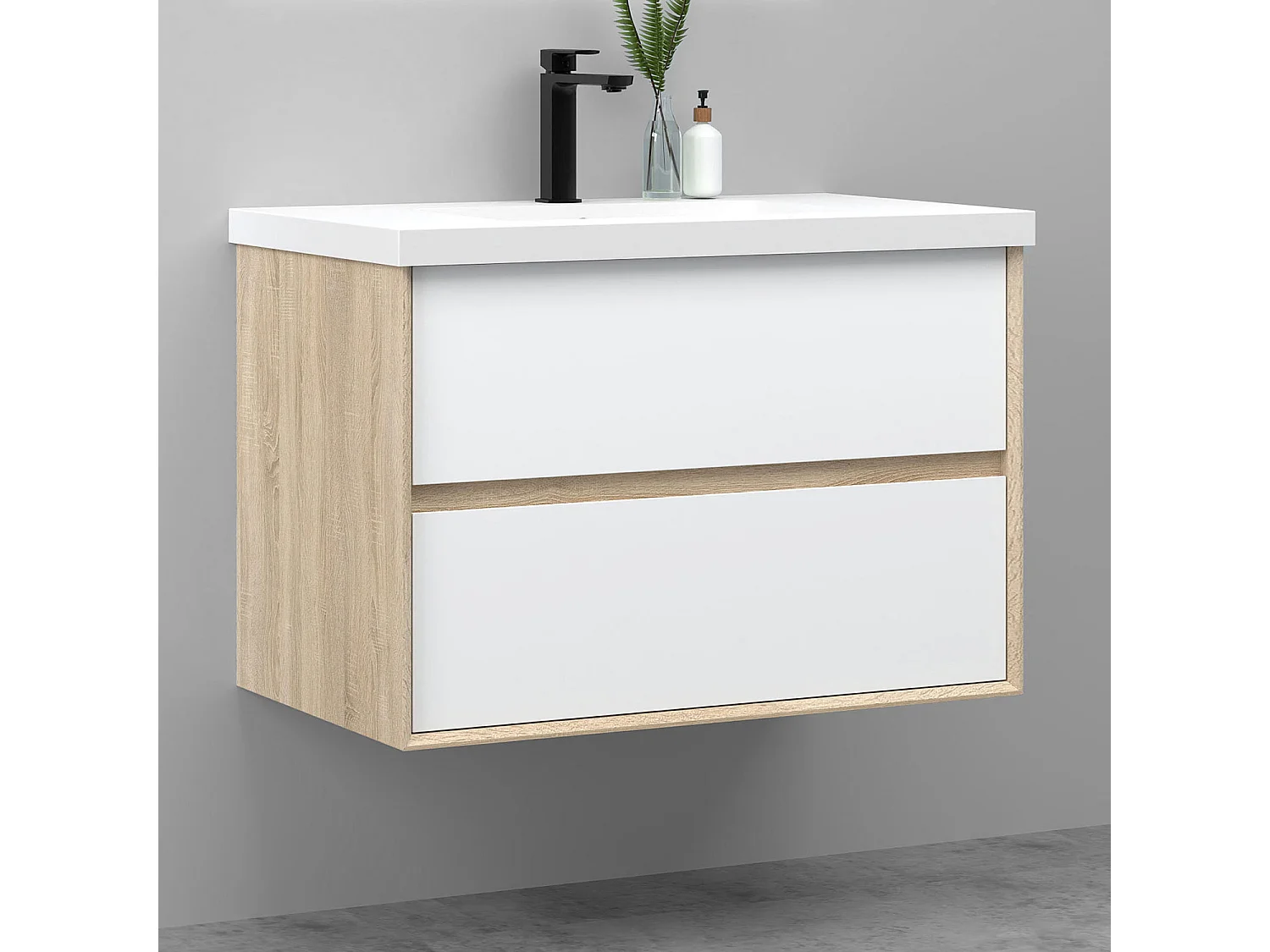 Meuble salle de bain suspendu 80 cm avec vasque + 2 tiroirs, Blanc et Chêne