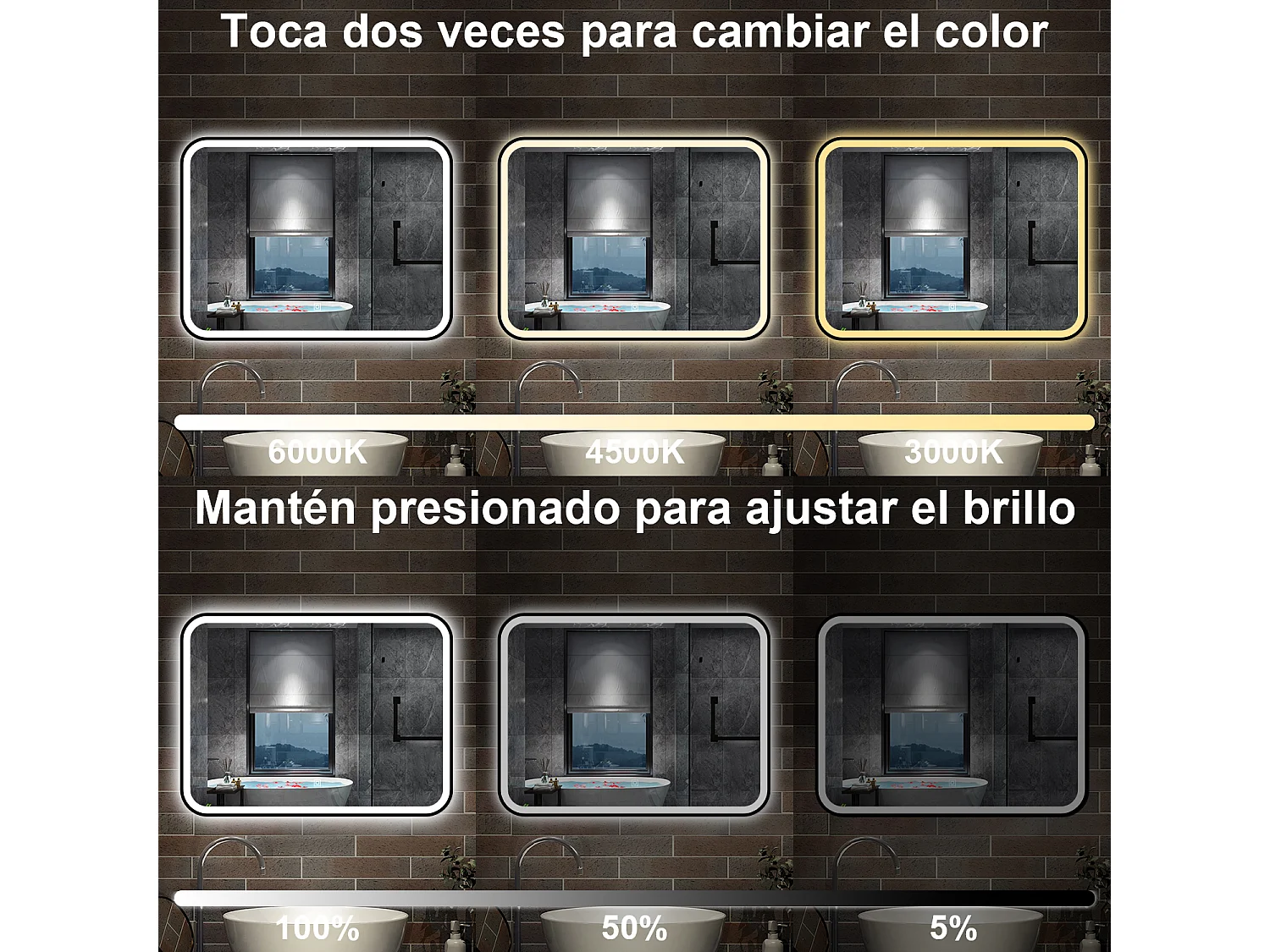 AICA ESPEJO Espejo de baño 80 x 60cm, con función antivaho,con luz de 3 colores,brillo ajustable,función de memoria agapada