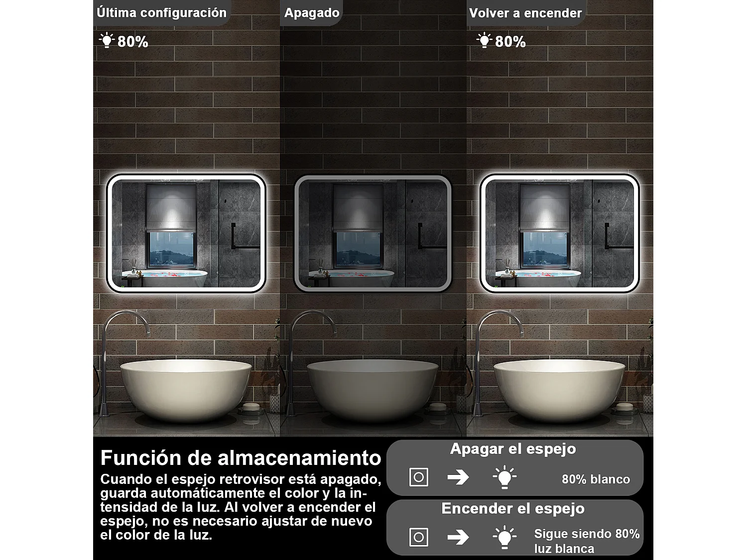 AICA ESPEJO Espejo de baño 80 x 60cm, con función antivaho,con luz de 3 colores,brillo ajustable,función de memoria agapada