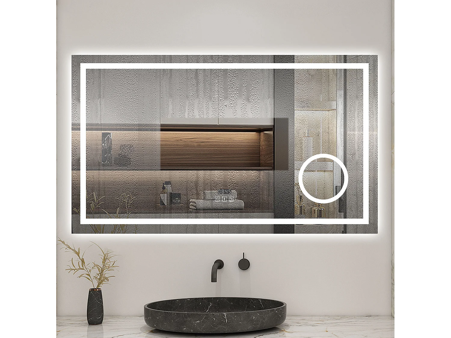 AICA espejo 140 x 80 cm,rectangular,con función antivaho,Bluetooth，lupa 3x,reloj led, espejo con luz de 3 colores,brillo ajustable,función de memoria agapada