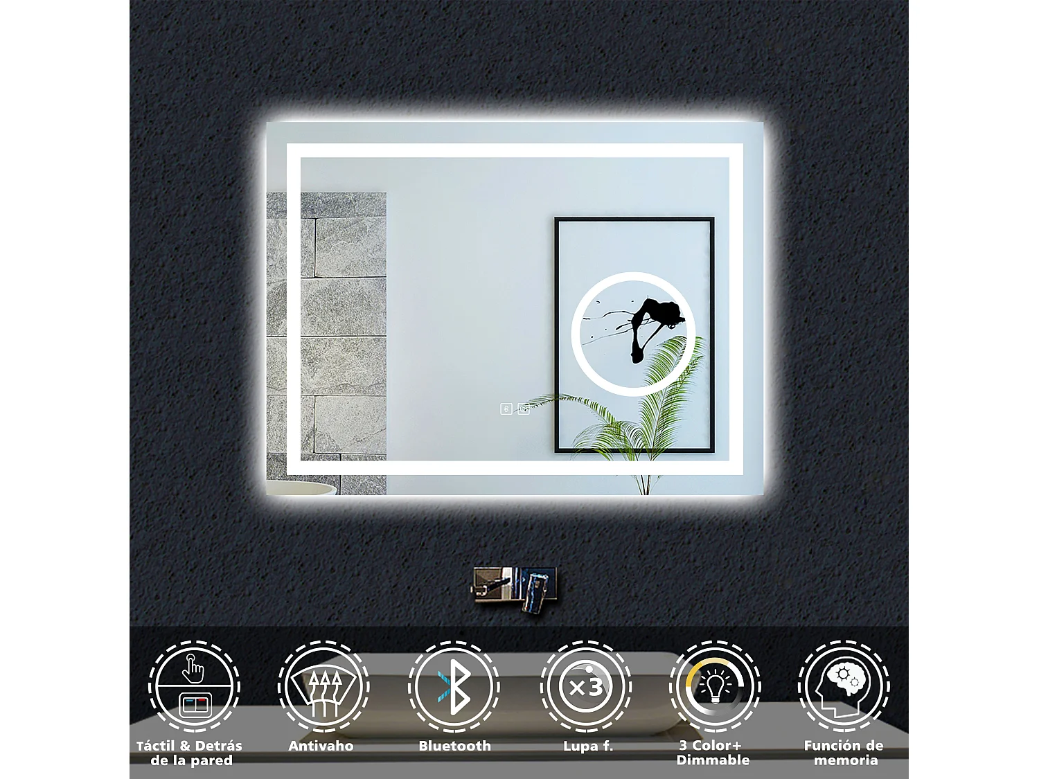 AICA Espejo 80 x 60 cm,rectangular,con función antivaho,Bluetooth，lupa 3x,con luz de 3 colores,brillo ajustable,función de memoria agapada