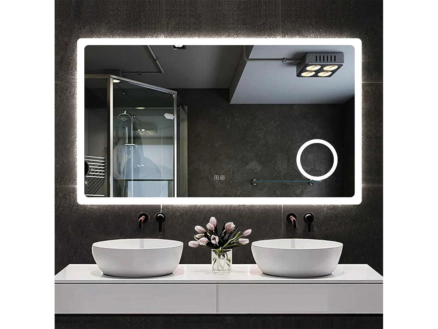 AICA Espejo 140 x 80 cm,rectangular,con función antivaho,Bluetooth，lupa 3x,con luz de 3 colores,brillo ajustable,función de memoria agapada