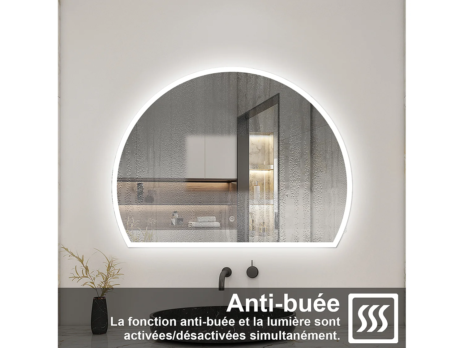 Miroir lumineux 3/4 de cercle 120x100cm avec Anti-Buée + 3 Couleurs + Dimmable + Mémoire