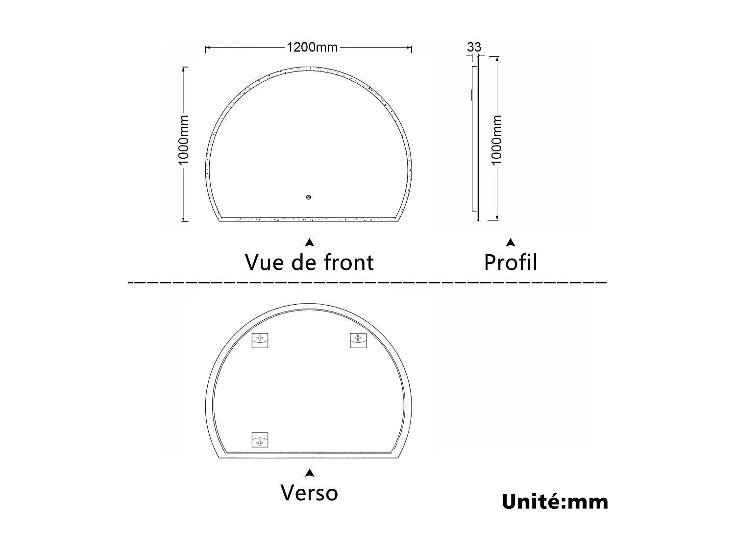 Miroir lumineux 3/4 de cercle 120x100cm avec Anti-Buée + 3 Couleurs + Dimmable + Mémoire