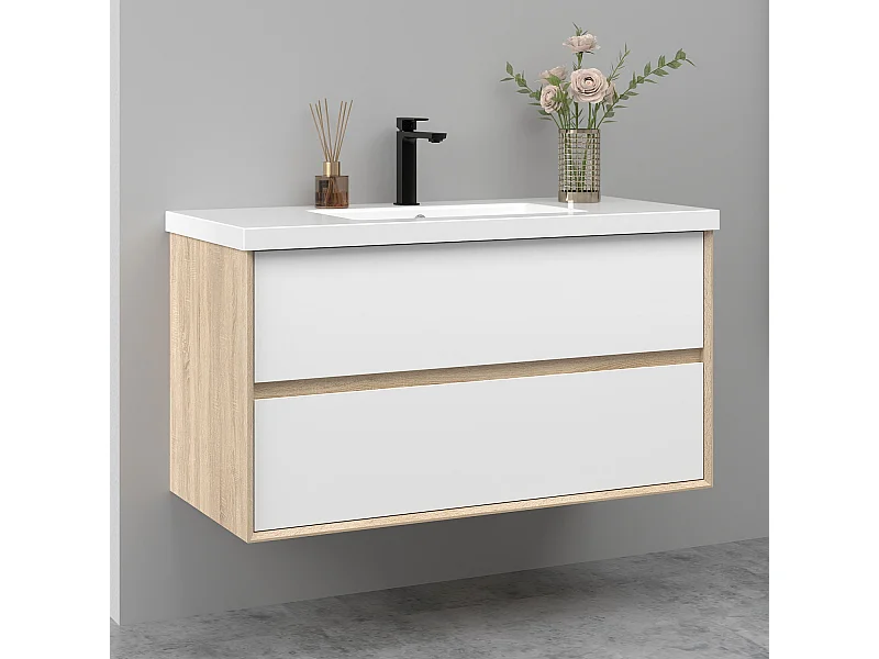 Meuble salle de bain suspendu 100 cm avec vasque + 2 tiroirs, Blanc et Chêne