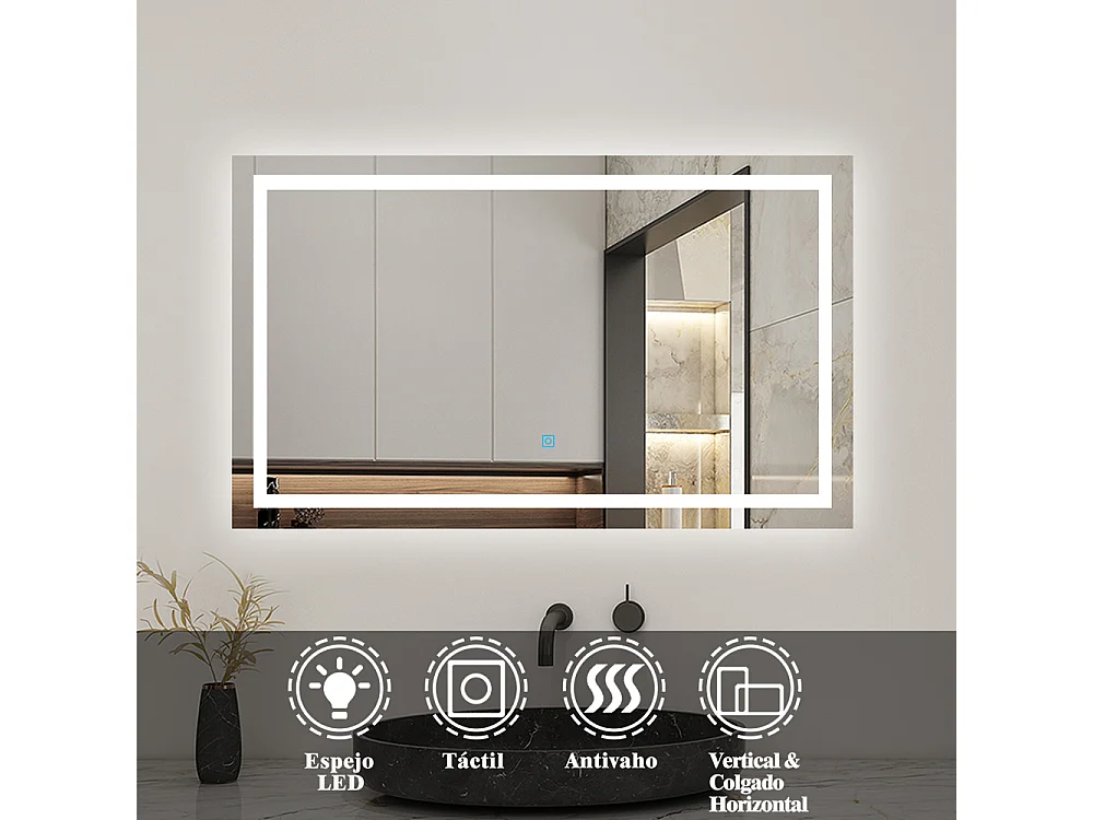 AICA Espejo 100 x 70 cm ,rectangular ,luz led,antivaho y brillo regulable,función de memoria agapada