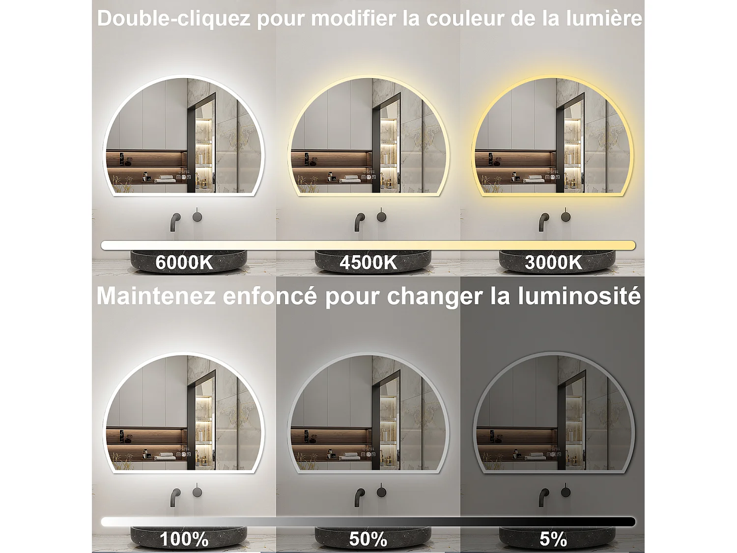 Miroir lumineux 3/4 de cercle 100x80cm avec Anti-Buée + 3 Couleurs + Dimmable + Mémoire