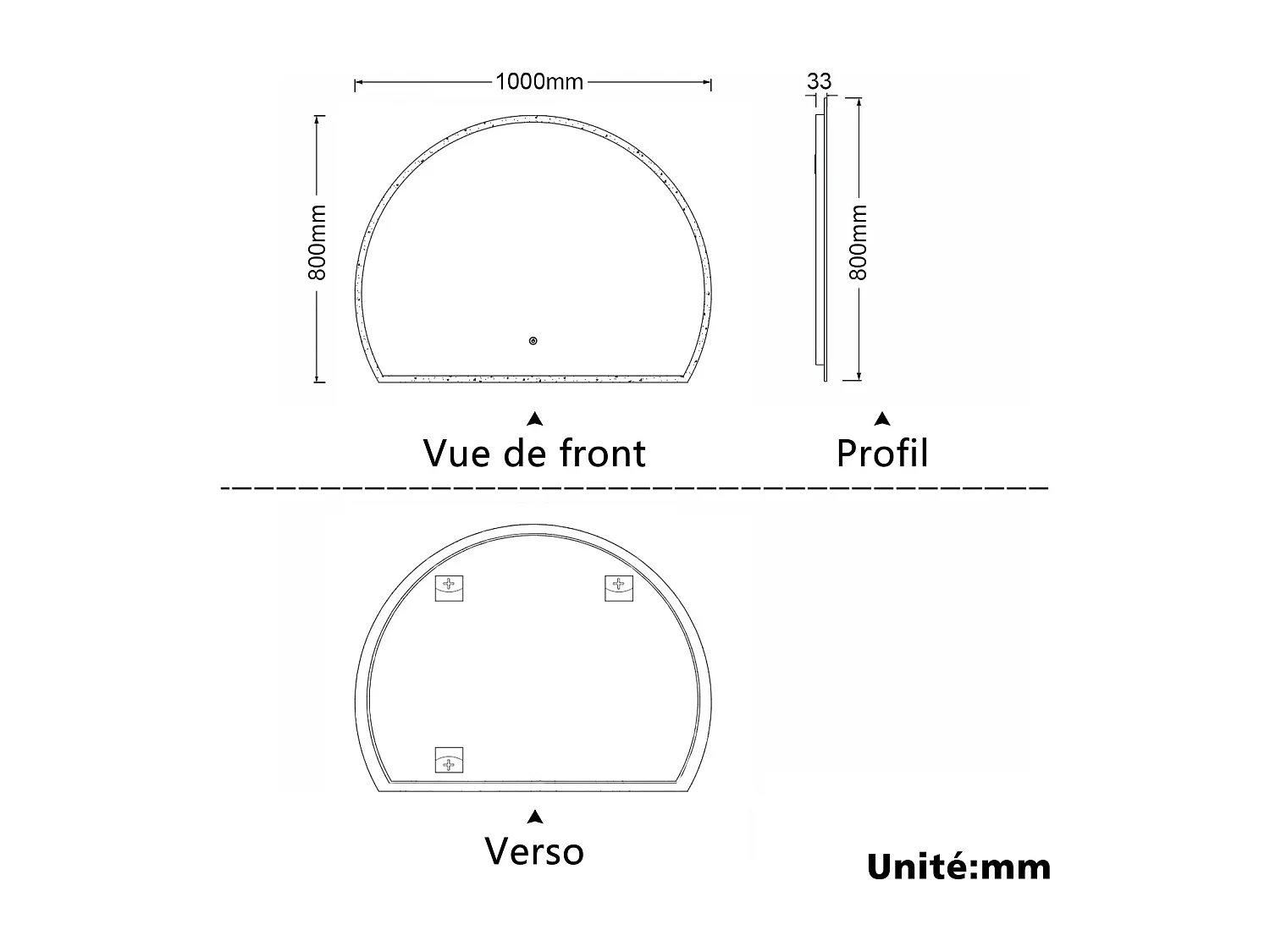 Miroir lumineux 3/4 de cercle 100x80cm avec Anti-Buée + 3 Couleurs + Dimmable + Mémoire