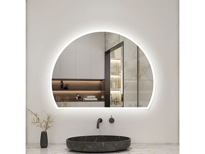 Miroir lumineux 3/4 de cercle 100x80cm avec Anti-Buée + 3 Couleurs + Dimmable + Mémoire