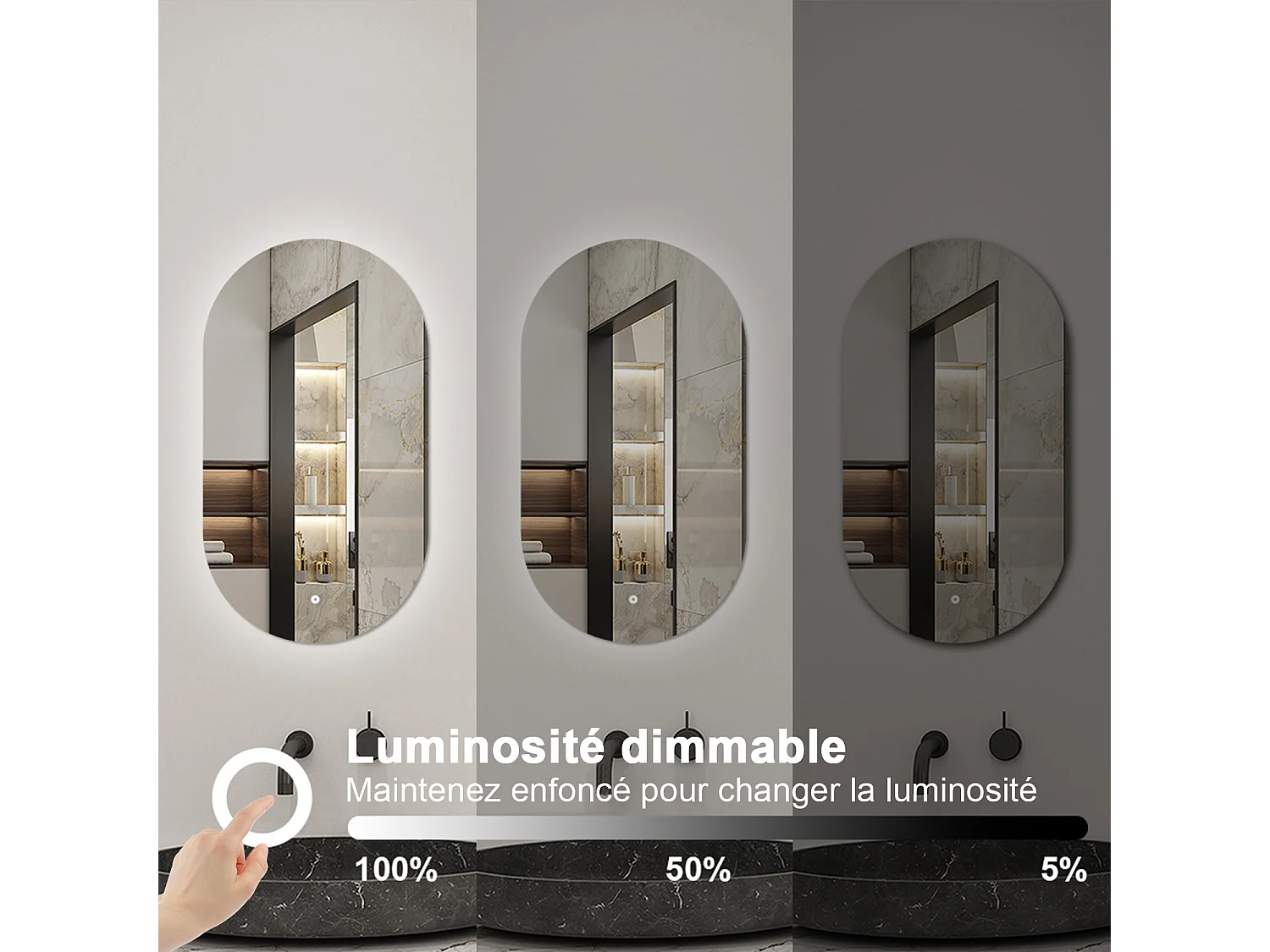 Miroir lumineux Ovale 45x75cm avec Dimmable, Miroir salle de bain IP44 HD Verre