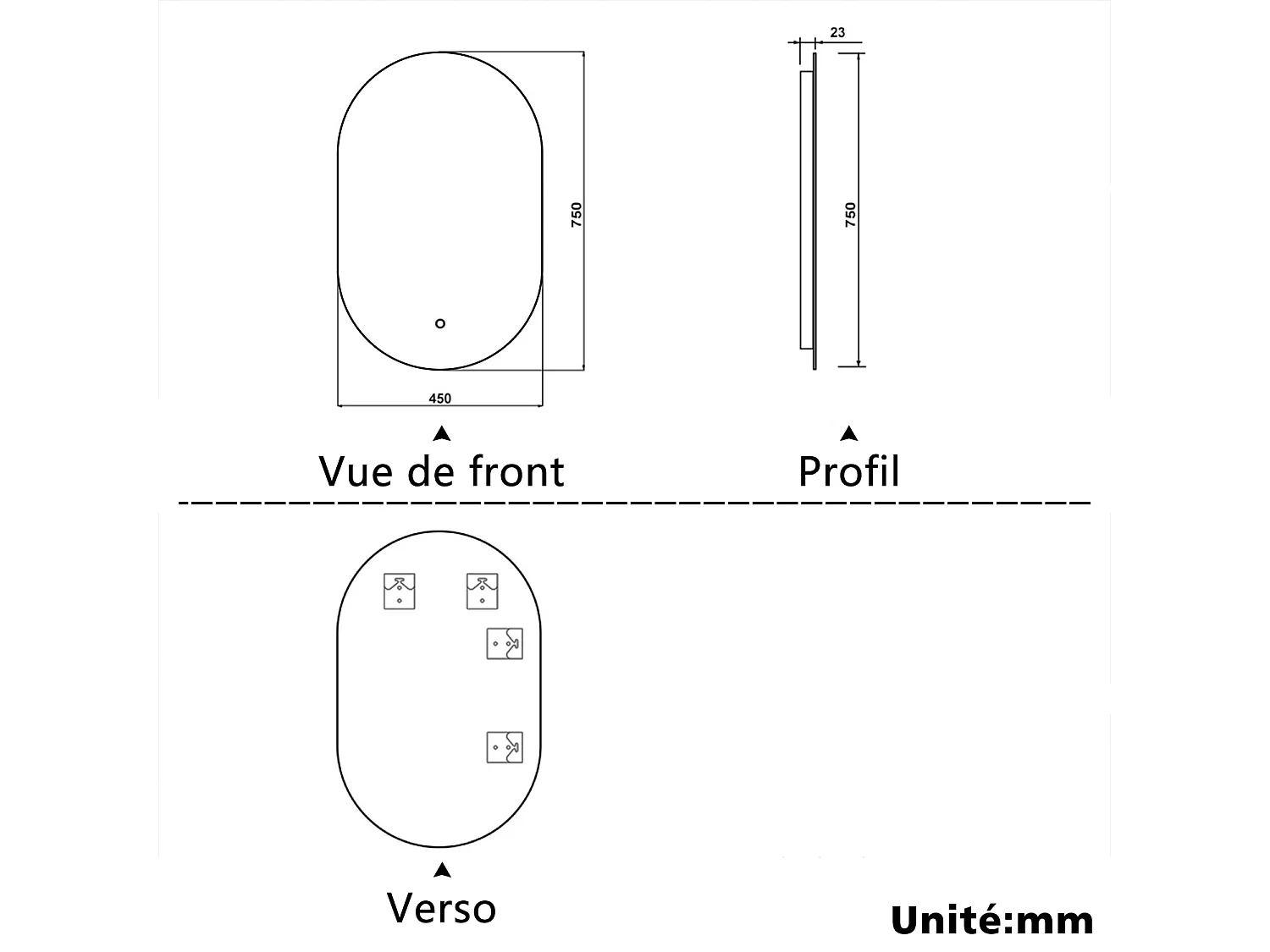 Miroir lumineux Ovale 45x75cm avec Dimmable, Miroir salle de bain IP44 HD Verre